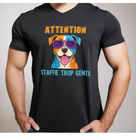 T shirt Staffie " Attention staffie trop gentil "