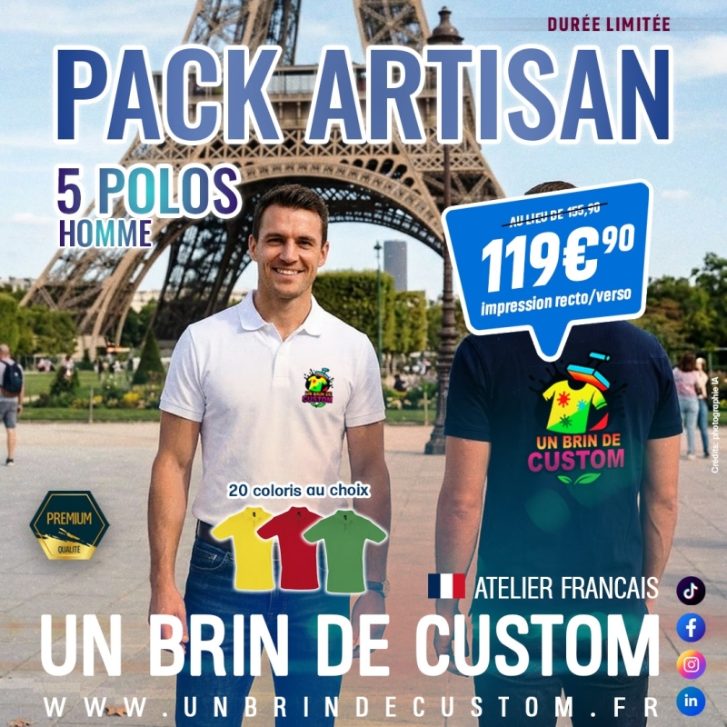 Pack Artisan 5 Polos Homme Personnalisés Recto/Verso