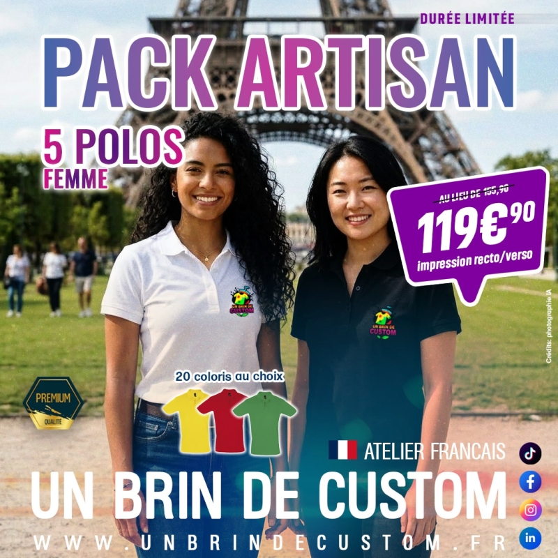 Pack Artisan 5 Polos Femme Personnalisés Recto/Verso