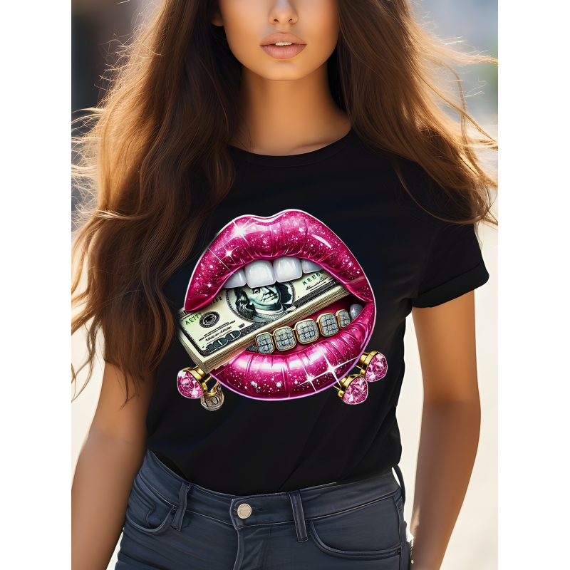 T-shirt Femme Bouche strass Dollars